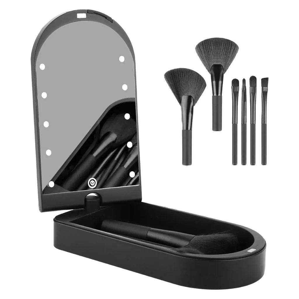 

Складное зеркало для макияжа со светодиодной подсветкой и 6 кистями