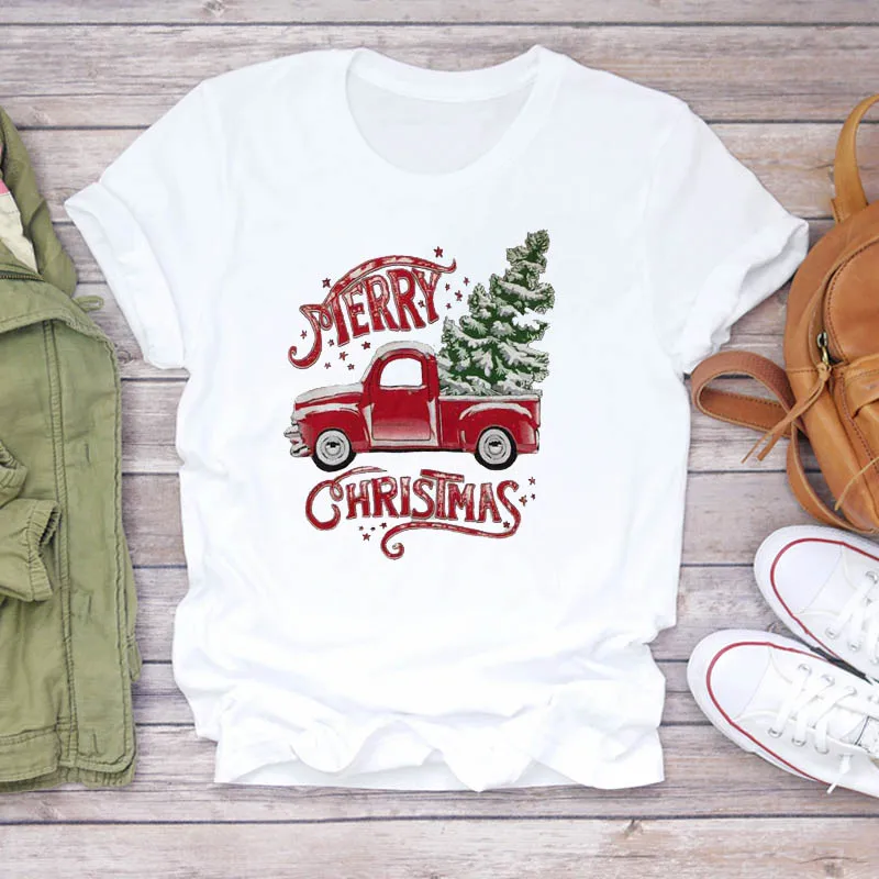 

Женская модная стильная футболка с принтом грузовика и снежной елки, футболка с графическим принтом, женская футболка
