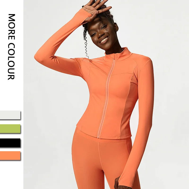 

New Design Women Sports Jacket Long Sleeve Zip Gym Stitched Striped Dovetail Back Zipper Casual Plus Size Yoga Wear Coat Running