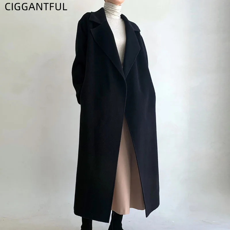 

Autumn French Retro Lapel Loose Tie Waist Long Cardigan Woolen Coat Korean Chic Vintage Fashion Ladies Wool Jacket Clothes