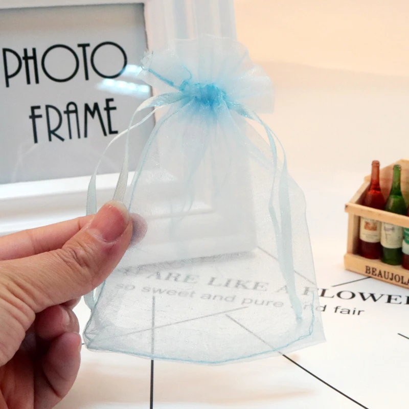 

Светильник доставка 100 шт./лот 5*7 см светло-голубые сумки из органзы, аксессуары для украшений, упаковка и дисплей