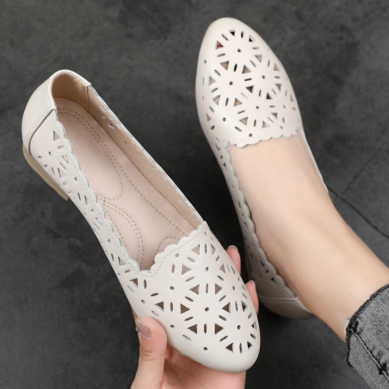 GKTINOO 2023 Women Flat Shoes Genuine Leather Woman Ballet Pointed Toe Flats Summer Lady Hollow Out Loafers Women Shoes Sandals