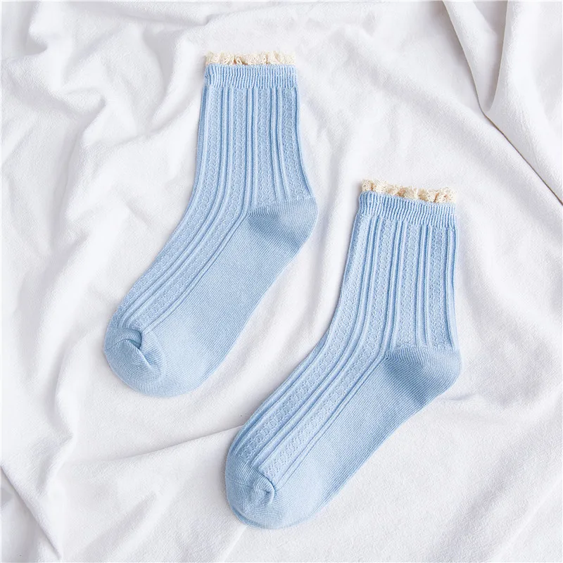 light blue Jeseca японский Kawaii для девочек милые носки для девочек; хлопковые дышащие одноцветные кружевные носки Для женщин Harajuku Винтаж уличная Лидер продаж - Цвет: light blue