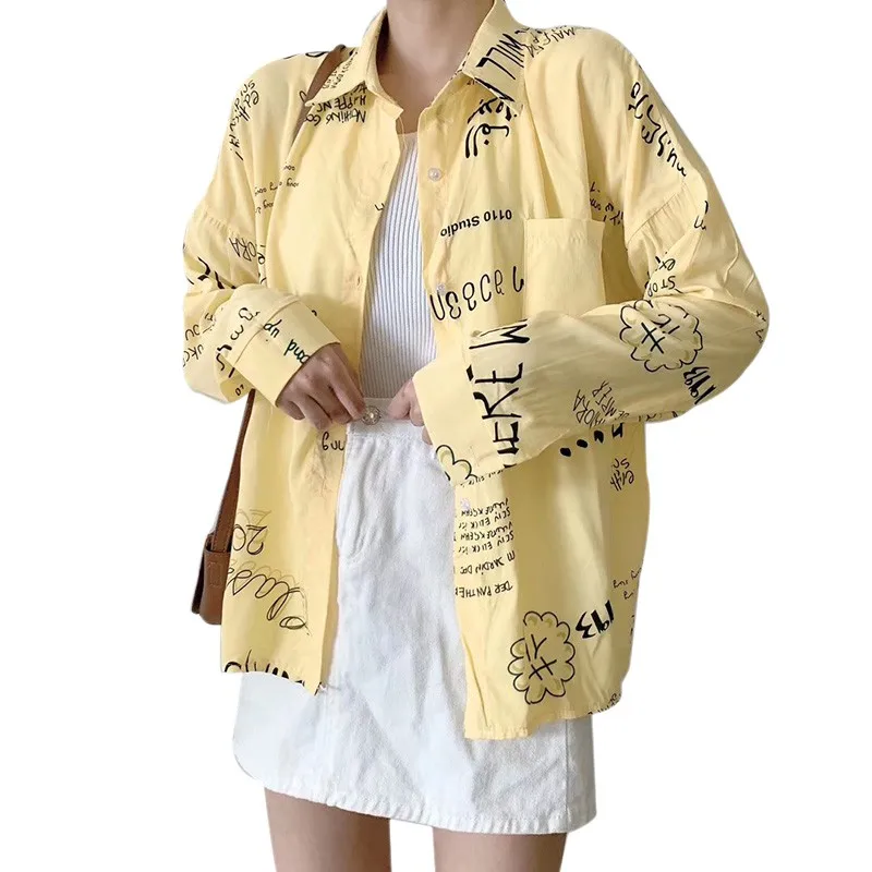 

Fashion Character Printed Blouse Women Long Sleeve Blouses Cotton Loose Shirts