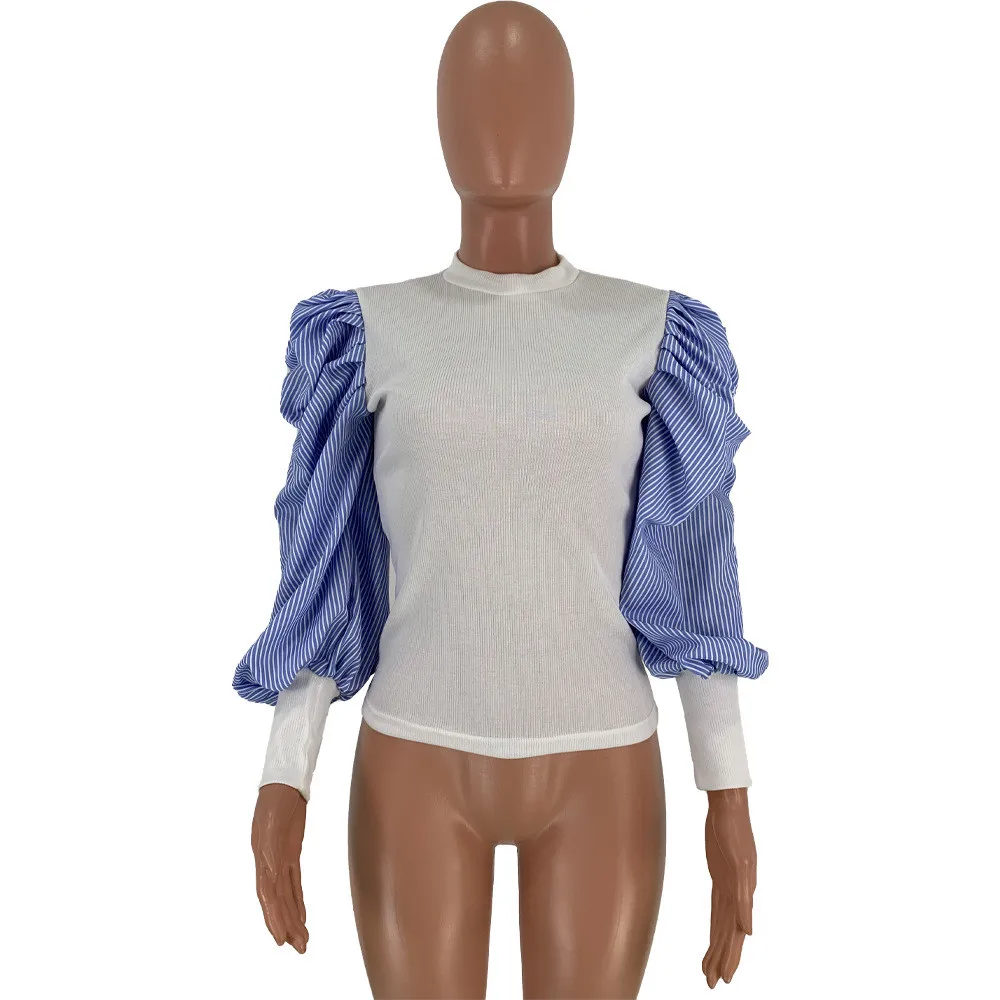 Spring Autumn Ribbed Knitted Shirt Blouse Womens Tops and Blouses Sweet Lantern Sleeve Ladies Tops Streetwear Blusa Feminina