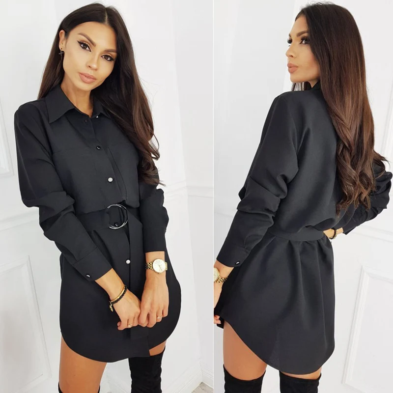 

Office Lady Regular Fit Black Short Shirt Dress with Sashes Women Summer Solid Long Sleeve High Waist Straight Mini Dress