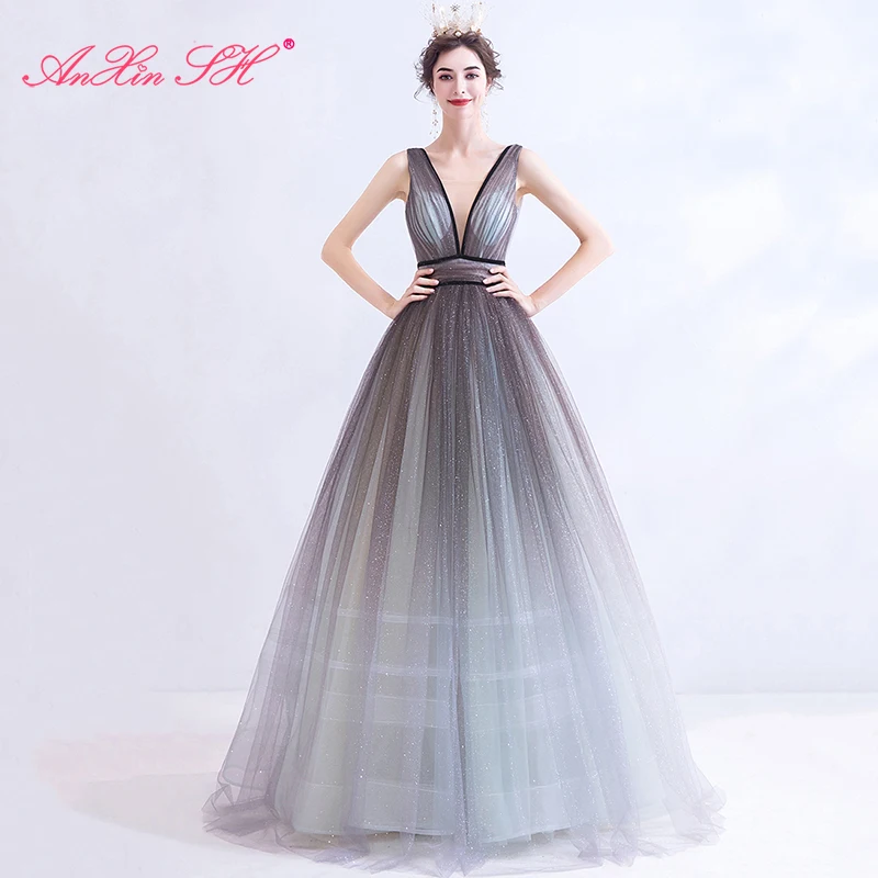 

AnXin SH принцессы Элегантный Модный постепенный серый кружевное вечернее платье для ужина вечерние встречи темно v-образным вырезом со звездо...