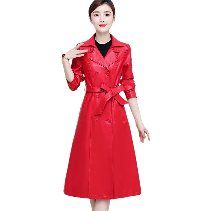 Long Black Red Leather Trench Coat For Women Long Sleeve Belt Lapel Women Fashion 2023 Luxury Autumn Winter Outerwear