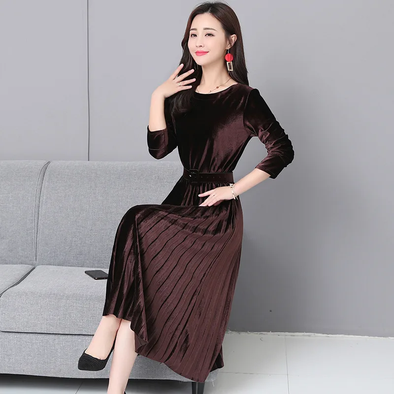 

Elegant Golden Velvet Dress Long Sleeve Autumn Winter Celebrity Temperament Feminine Retro Solid Mid Long Skirt Slim Long Dress