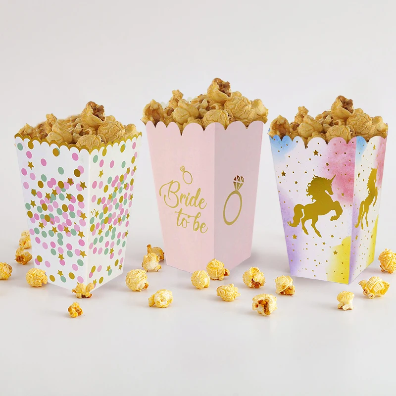 6/12pcs Gold Silver Dot Wave Striped Unicorn Paper Popcorn Box Snack Favor Bag Wedding Kid Birthday Party Decoration Supplies