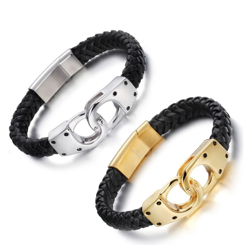 Итальянские золотые наручники из кожи для мужчин, модные плетеные украшения из нержавеющей стали 22 см дешево.