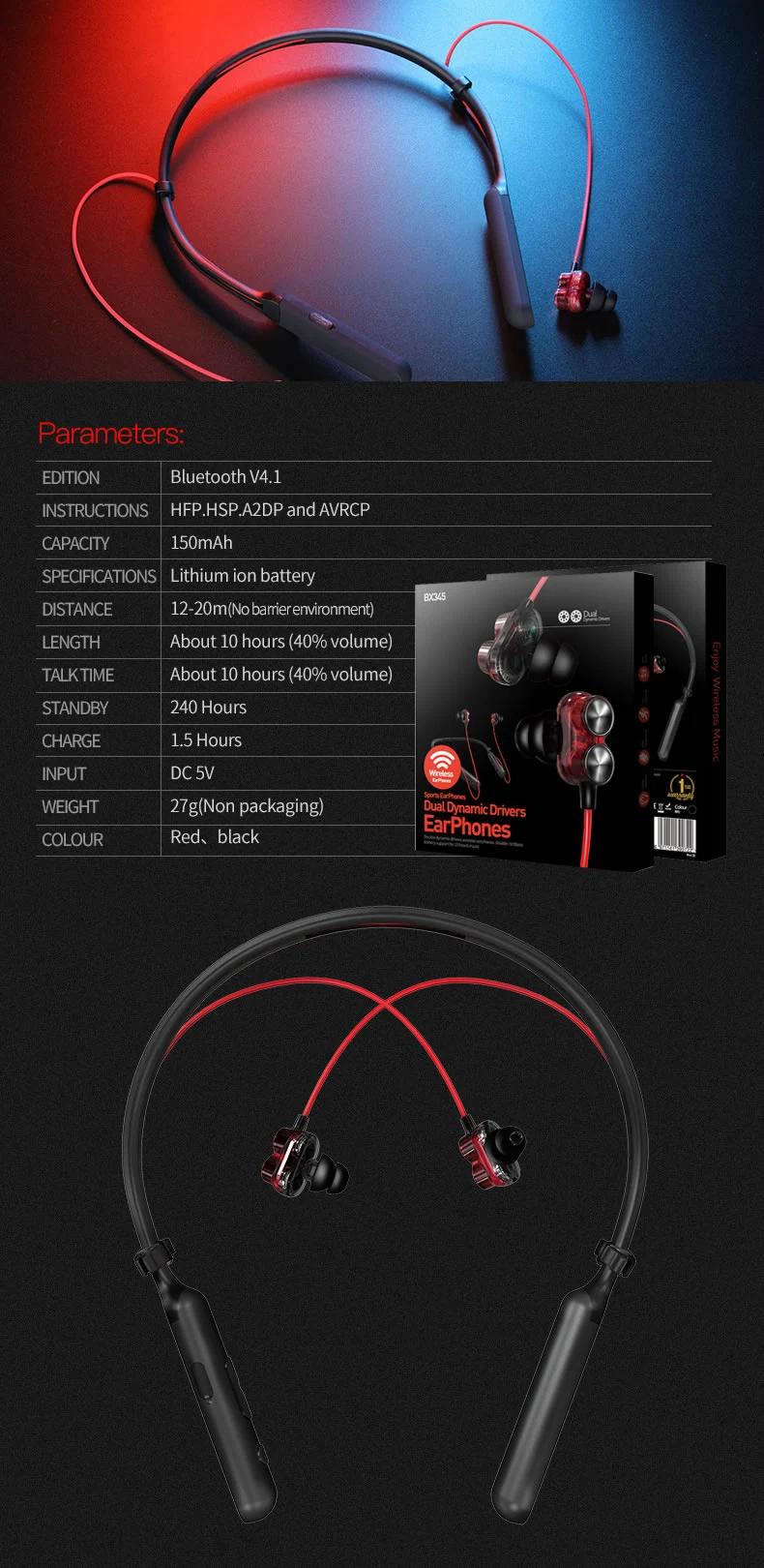 Plextone BX345 Bluetooth беспроводные наушники Шейная гарнитура для iPhone, двойные динамики наушники спортивные наушники для бега с микрофоном гарнитура