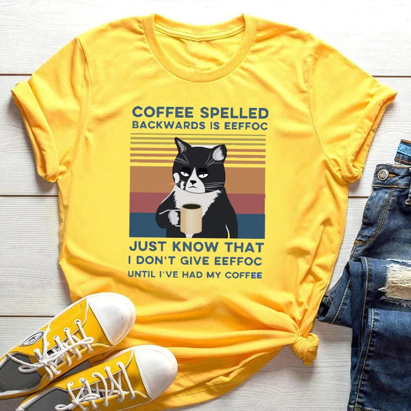 Coffee Spelled Backwards Is Eeffoc Cat Printed Black T-shirts Women Graphic Tee Funny Woman Tshirts Casual Short Sleeve Clothing images - 6