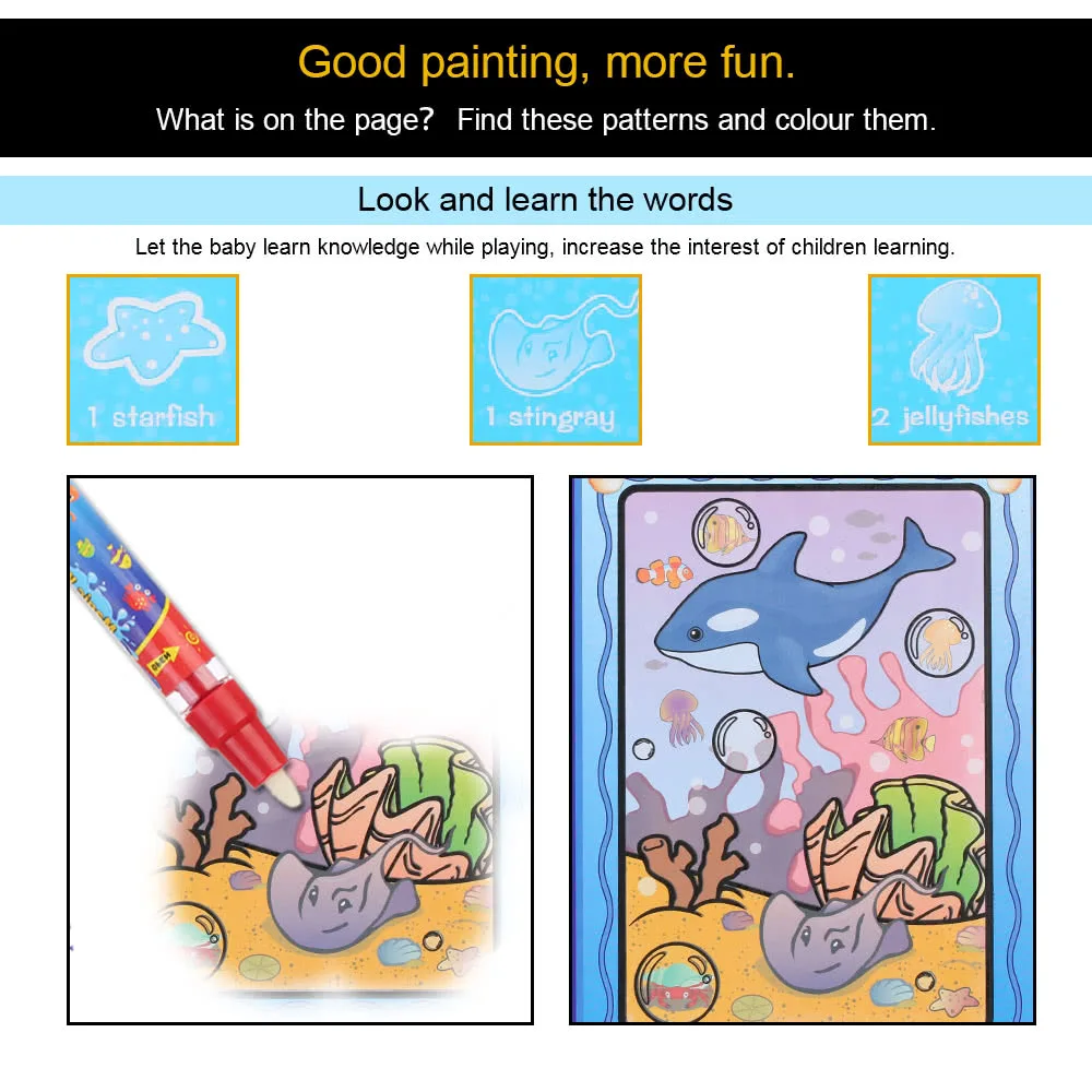 

Non-toxic Magic Water Drawing Book Coloring Book Doodle with Magic Pen Animals Painting No Ink Educational Toy