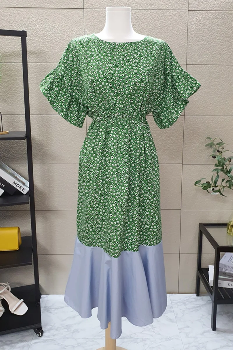 

2021 Summer Fashion Slimming Patchwork Floral Dress Women's Slim Waist A Line Dress Female Korean Short Sleeve Casual Dress