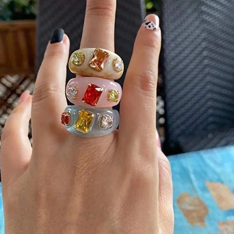 

New Korean Artistic Irregular Geometric Colorful Transparent Crystal Rhinestones Acrylic Rings for Women Luxury Jewelry Gifts