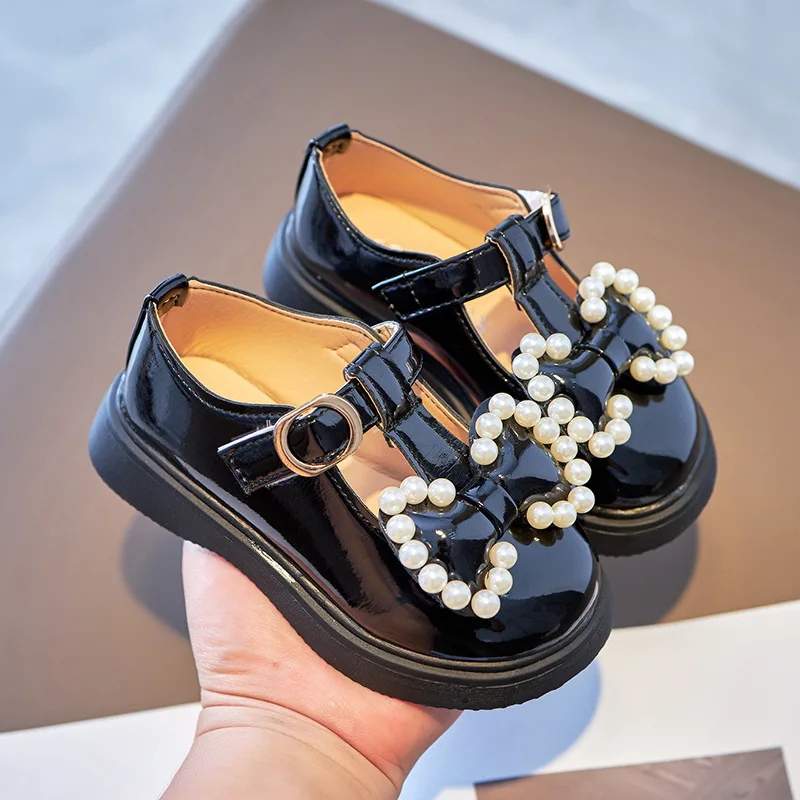

NEW 2022 Spring Children Flats Girls Princess Shoes Fashion Bowknot Pearl Leather Shoes Kids Loafers 041