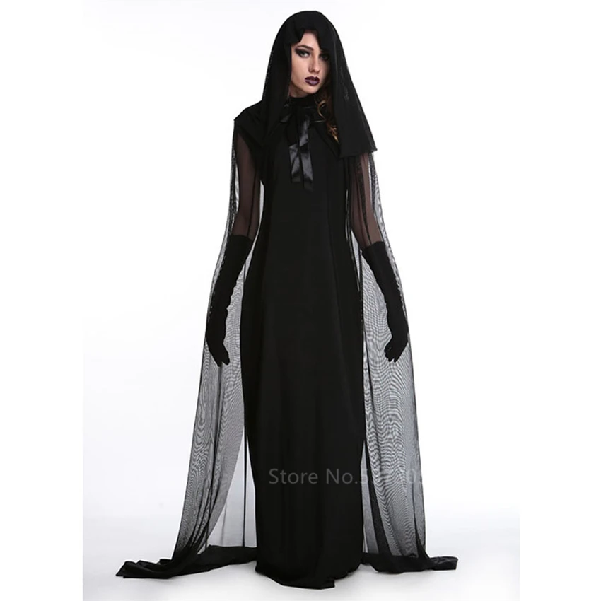 Vampire Day of The Dead Witch Gothic Bride Scary Costume Women Halloween Dress Carnival Party Horror Devil Spooky Fancy Cloak