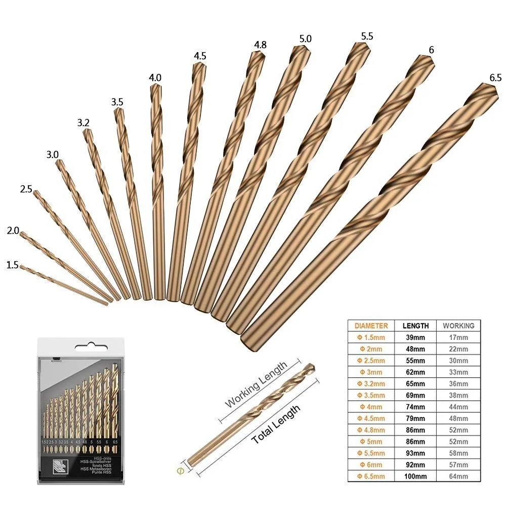 

13Pcs Titanium Coated M42 Twist Drill Bit 8% High Cobalt HSS Drill Bit Set Industrial Grade 1.5-6.5mm For Metal Wood Drill Bits