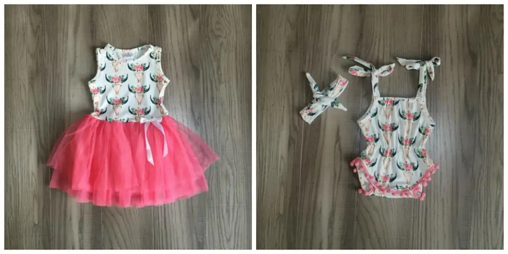summer baby outfits dress cotton coral cow floral flower boutique clothes pom-pom romper toddler ruffles knee length match bow | Детская