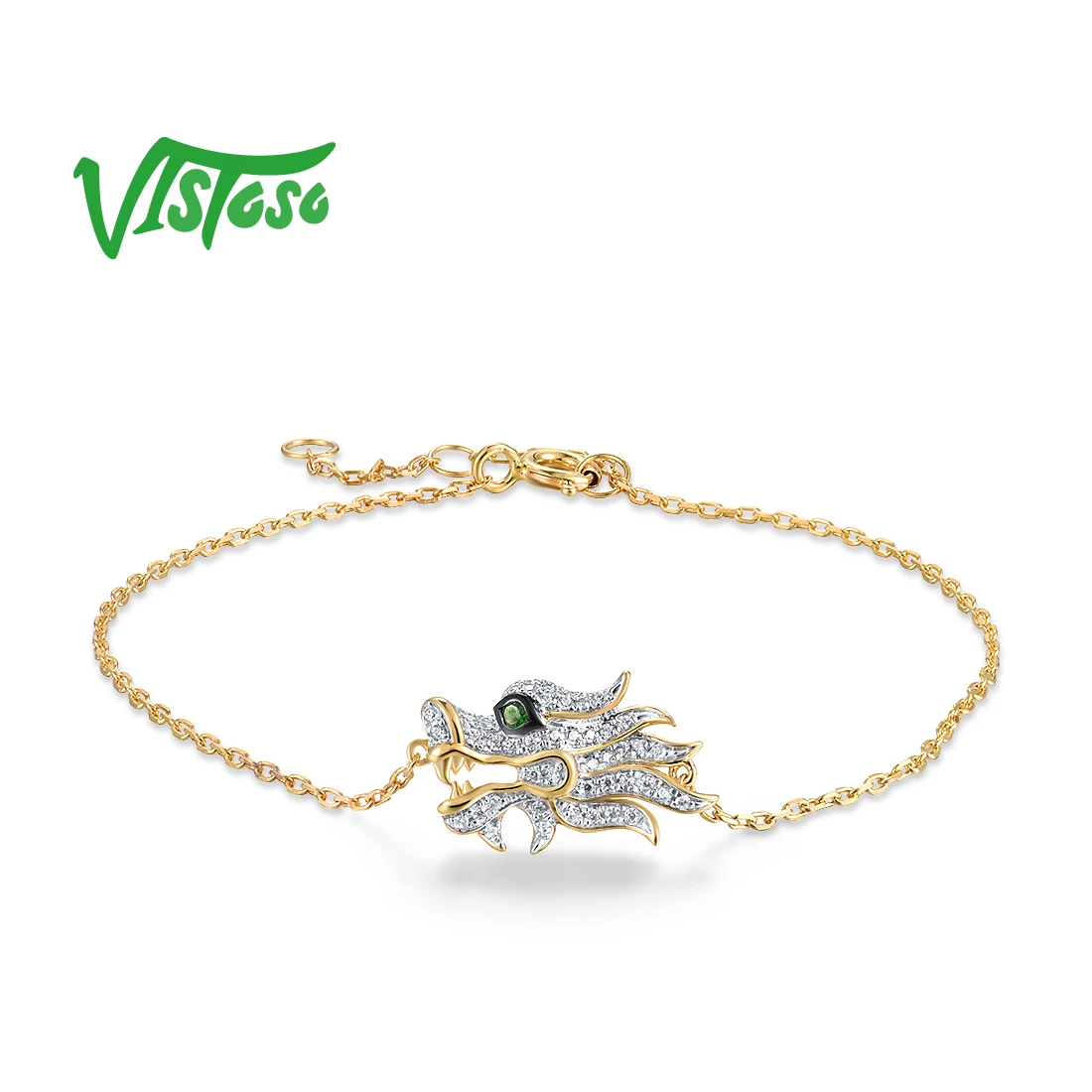 

VISTOSO Genuine 14K Yellow Gold Bracelet For Woman Sparkling Green Garnet Diamond Dragon Bracelet Trendy Gifts Fine Jewelry