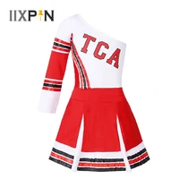 kids girls cheerleader costume outfit one sleeve crop top with pleated skirt set school cheer uniform hip hop jazz dance wear