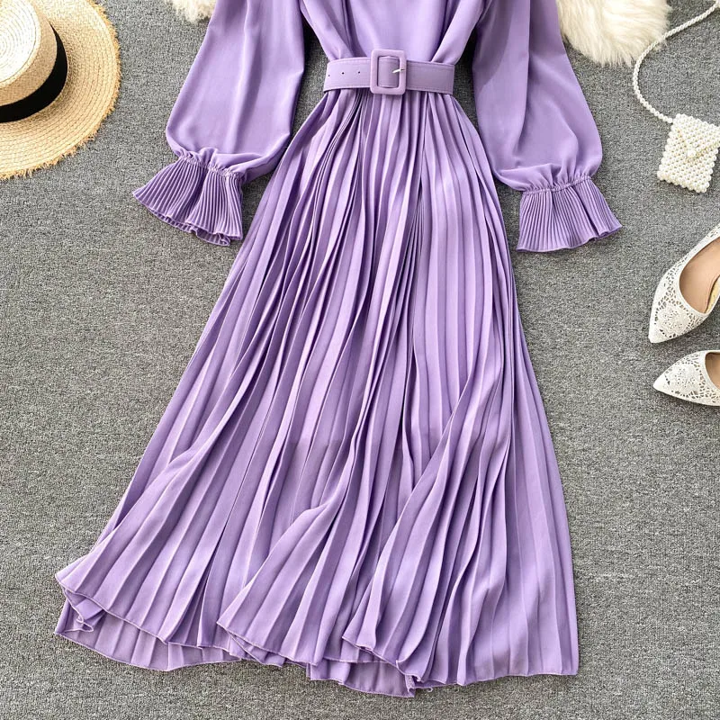 

O-Neck Flare Sleeve Sashes Vestidos Female 2020 Fall New Fashion Autumn Women's Red/Yellow/Purple Pleated Long Dress Elegant