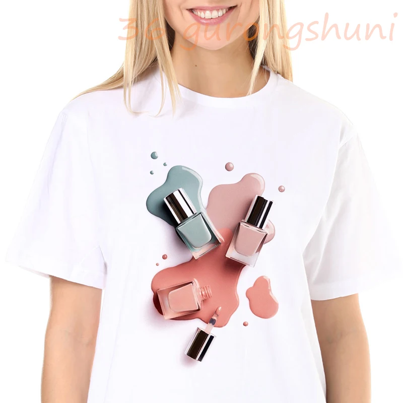 

2021 summer vogue t shirt women watercolor nail polish graphic print tshirt femme tops tees white female t-shirt drop shipping