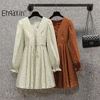 ehqaxin bohemia floral dress women clothes autumn v neck vintage puff long sleeve lace up high waist short dresses