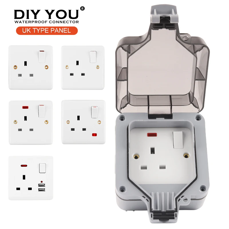 

IP66 UK Standard Waterproof Outlet Outdoor Power Socket Wall Switch Socket With USB Light For Home Garden 13A Grounded 250V