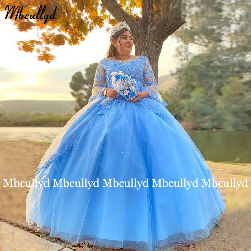 

Женское светильник-голубое платье Quinceanera, кружевное роскошное платье принцессы с длинными рукавами и аппликацией для выпускного вечера, пл...
