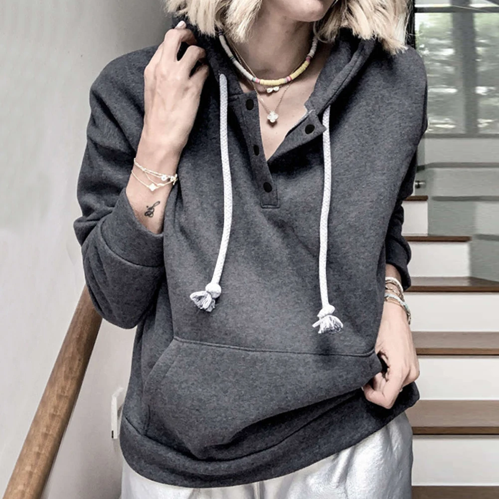 

Fashion Women Autumn Winter Solid Color Long Sleeve Casual Drawstring Button Pocket Sweater High Quality 4 Colors Plus Size