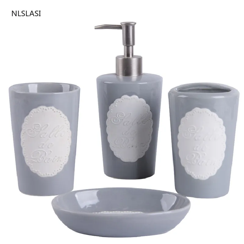 

New Style Ceramic Bathroom Set Home Hotel Lotion Bottle Soap Dish Mouth Cup Toothbrush Holder Decorations Five Piece Set