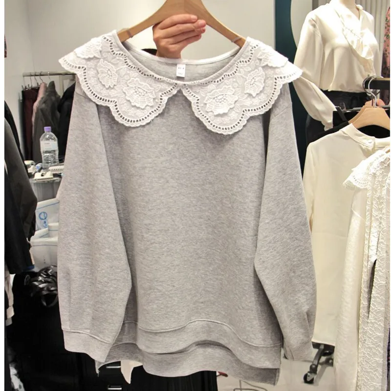 

Autumn Winter 2021 New Solid Sweet Lace Ruffled Short Front and Long Back Sweatshirt Women Tops U808