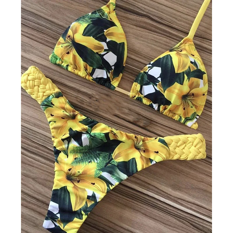 

2021 Bikini Set Women Swimwear Push Up Swimsuit Top Solid Bottom Print Brazilian Biquini Bathing Suit Swim Wear Beach