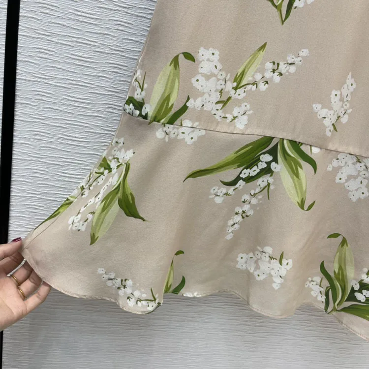 

Luxury 100% Silk Dresses Women 2021 New Flower Print Embroidery Short Sleeve Dress Chic Peter Pan Collar High Waist A-line Dress