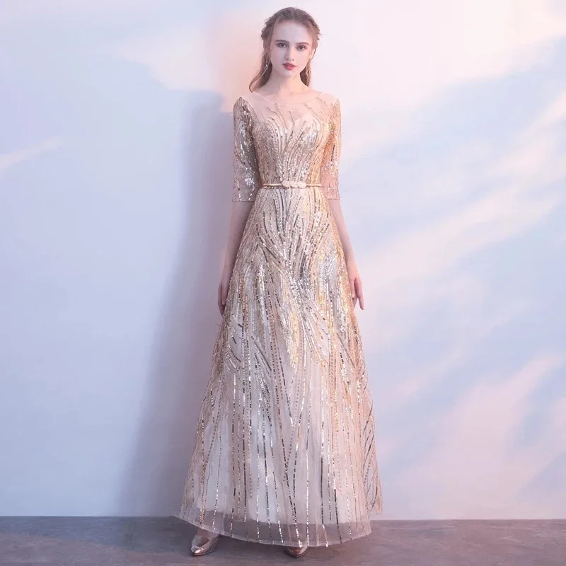 FADISTEE Новое поступление Роскошные вечерние платья вечернее платье Vestido de Festa роскошные серебряные блестки Половина рукава Пром Кружева длинный стиль - Цвет: Золотой