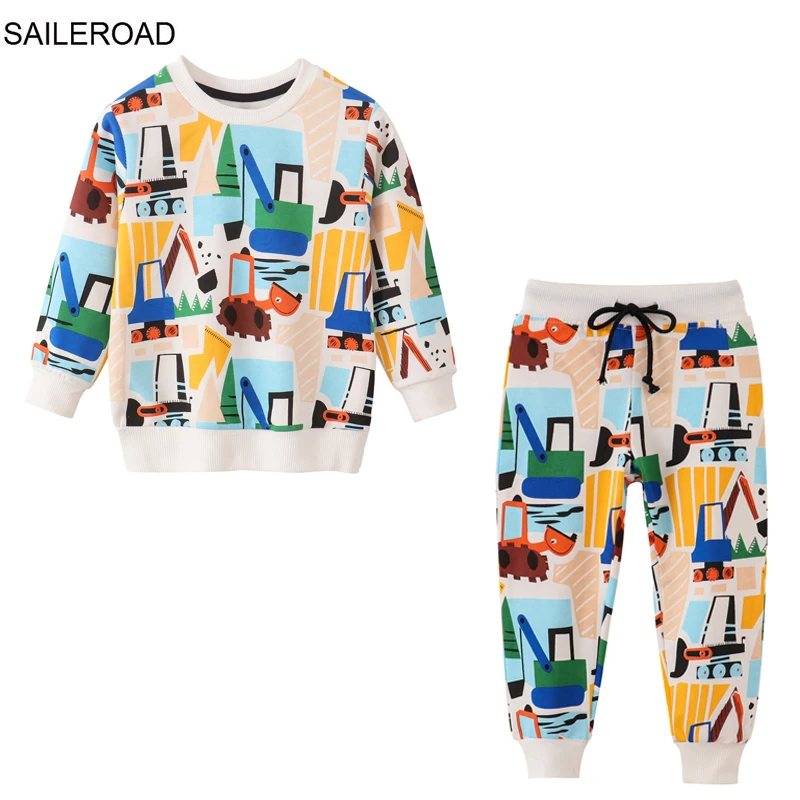 

SAILEROAD Spring Children's Clothes Boy Cartoon Excavators Sweatershirts+Pants Kids Long Sleeves Clothing Set Teens Tracksuit