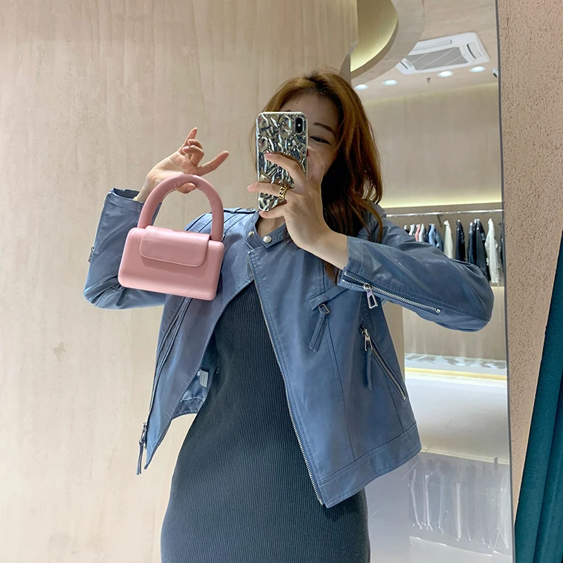 

Korean Slim Stand Collar Long Sleeve Faux PU Leather Jacket Women Autumn Stand Collar Lapel Long Sleeve Female MOTO Biker Jacket