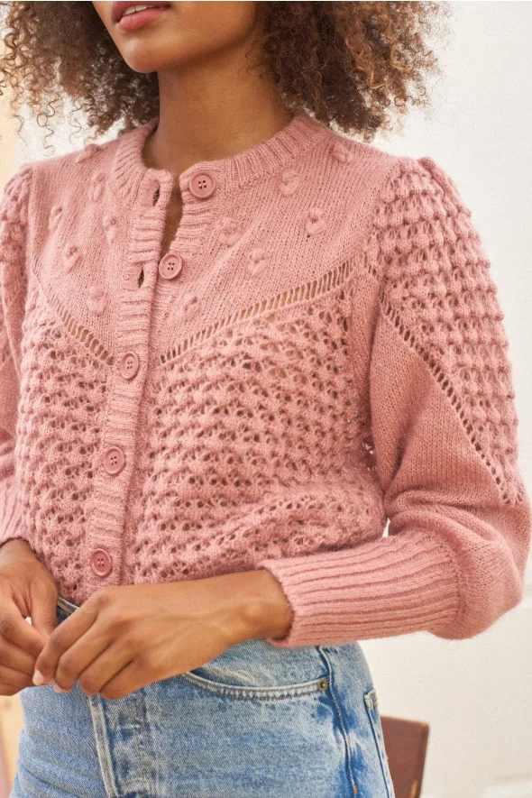 

Autumn and 2021 Winter New Hollow Knit Sweater Puff Sleeve Cardigan