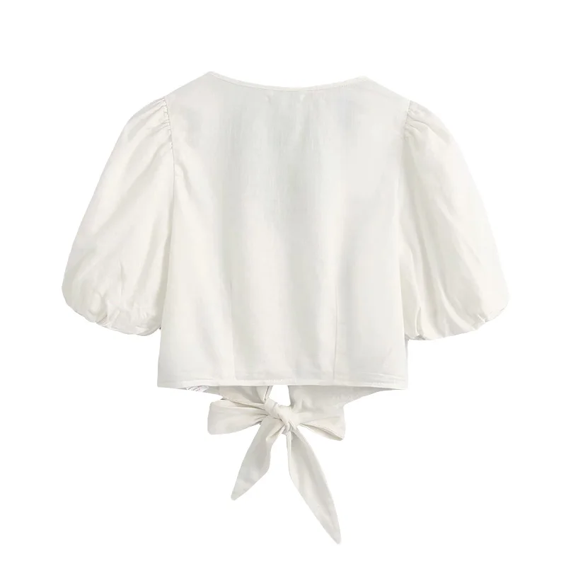 

2020 Women Fashion Bow Tie Buttons Smocked Blouses Vintage V Neck Puff Sleeve Shirts Girls Chic Tops