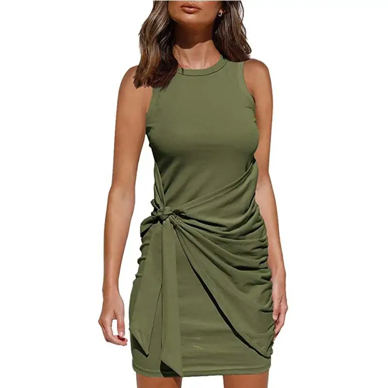 

Women Mini Dresses Above Knee Black Sleeveless Asymmetric Pleated Bow Folds Elegant Waist Binding Unique Casual Irregular Dress