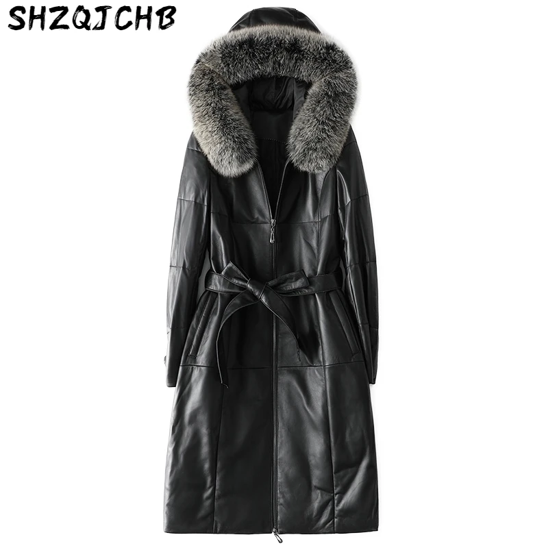 

JCHB 2021 Genuine Leather Jacket Women Sheepskin Coat Female White Duck Down Parkas Hooded Fox Fur Collar Winter Abrigo Mujer