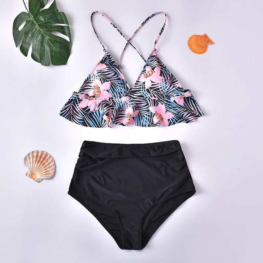 

Floral Ruffled Hem Bikini Set Women Flora V-neck High-waisted Two Piece Swimsuit 2020 Girl Beach Bathing Suit Swimwear Biquinis