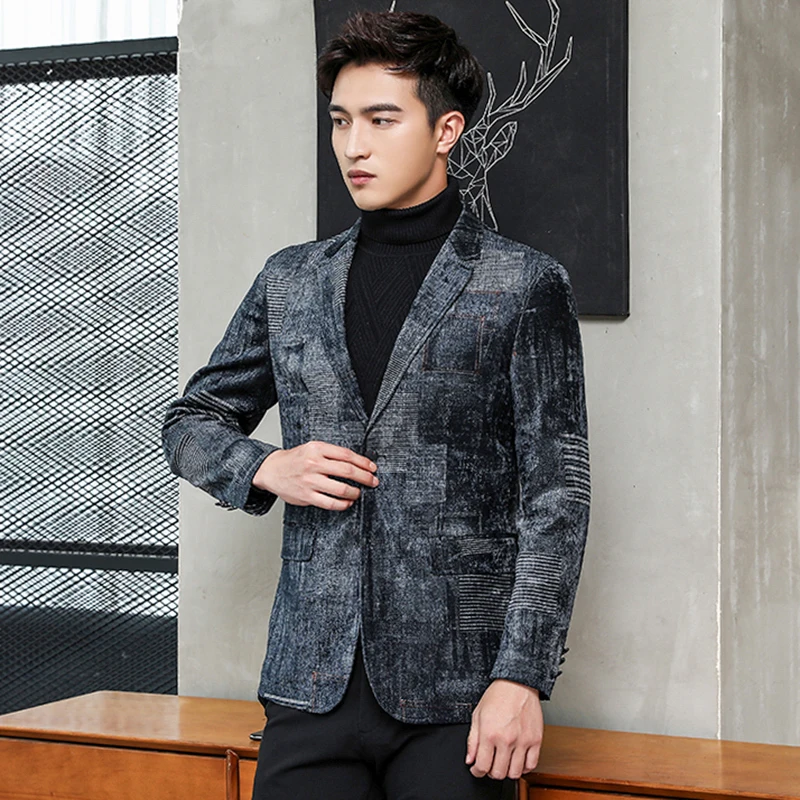 Gzdeerax мужской пиджак из синего плюша роскошный однобортный бархатный