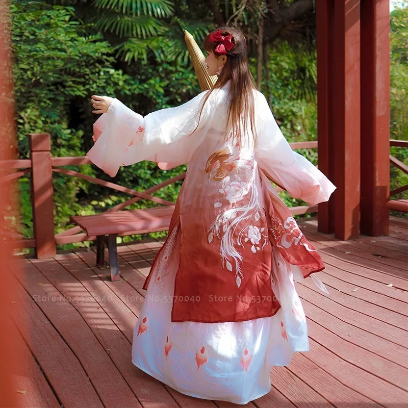 Женское платье в китайском стиле с вышивкой и градиентной юбкой| |