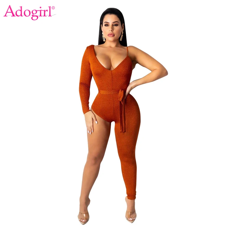 Adogirl Серебряная Мерцающая Асимметричная повязка комбинезон женский сексуальный