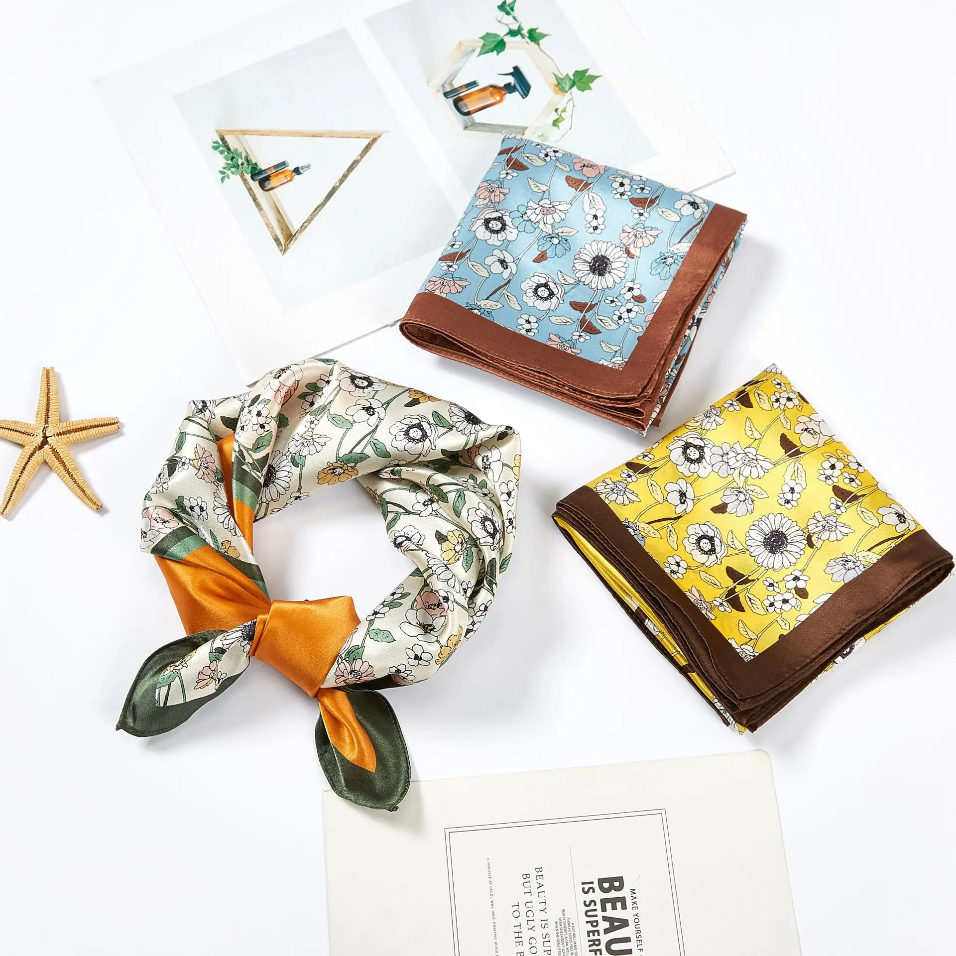 Желтый синий оранжевый элегантный Шитье с принтом маргариток 100% шелк 53 см