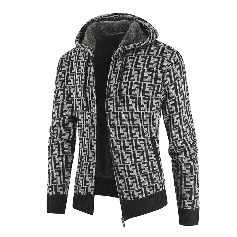 

Men's Winter Thick Warm Sweatercoat Autumn Hooded Long Sleeve Knitted Plaid Sweater Male Cardigan Jumpers Zipper Fleece Coats