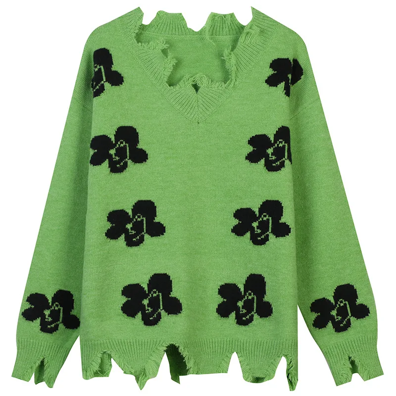 

Женский свитер с V-образным вырезом, свободный трикотажный пуловер в стиле Харадзюку, повседневный джемпер в Корейском стиле, Осень-зима 2021